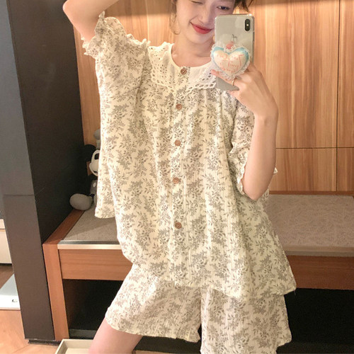 睡衣女夏季纯棉短袖甜美碎花套装