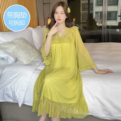 带胸垫睡裙秋季莫代尔长袖公主风