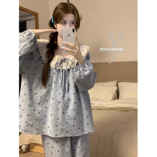 睡衣女春秋季云朵棉长袖韩版ins风甜美蝴蝶结少女学生家居服套装