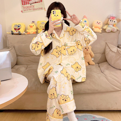 珊瑚绒睡衣女秋冬季加厚加绒法兰绒公主风可爱小熊开衫家居服套装