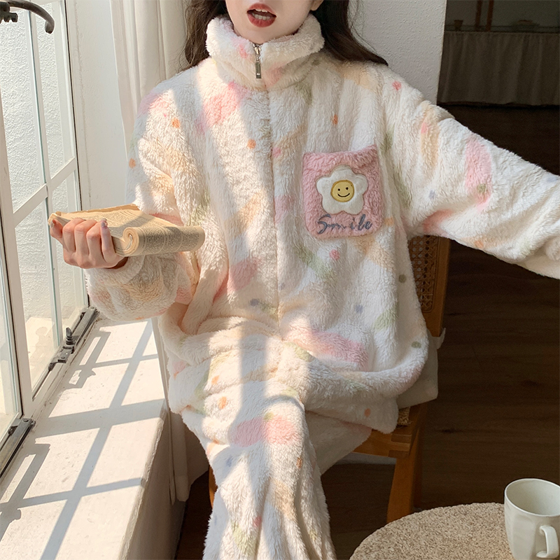 珊瑚绒睡衣女秋冬季加厚甜美拉链