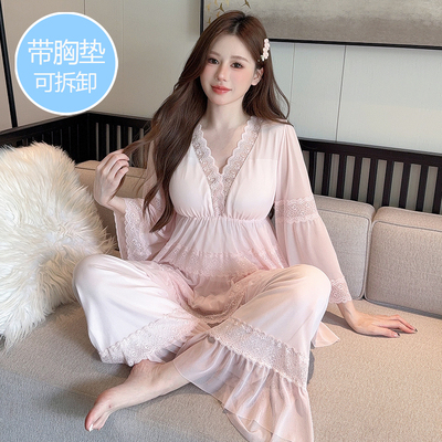 带胸垫睡衣女秋季长袖莫代尔网纱