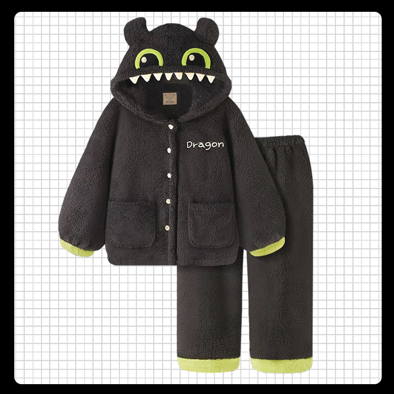 睡衣女秋冬季珊瑚绒加厚绒法兰绒卡通小怪兽连帽可外穿家居服套装