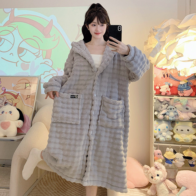 珊瑚绒睡袍女秋冬季加厚绒法兰绒中长款连帽浴袍加大码胖mm家居服