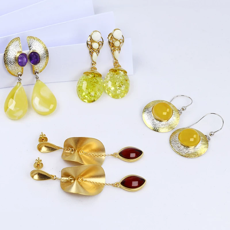 Amber genuine design earrings wax agate, European style, silver 925 sample
