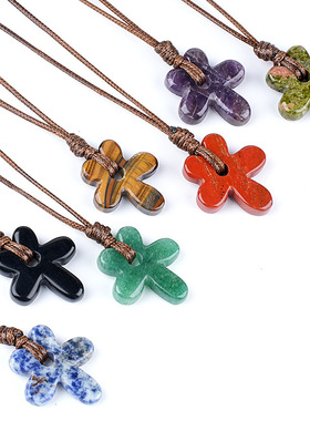 天然石五瓣花项链简约毛衣链可调节链雕刻花朵形天然水晶花瓣吊坠