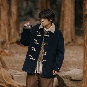 南鹤冬季新款牛角扣翻领毛呢大衣男士山系保暖加厚中长款呢子外套