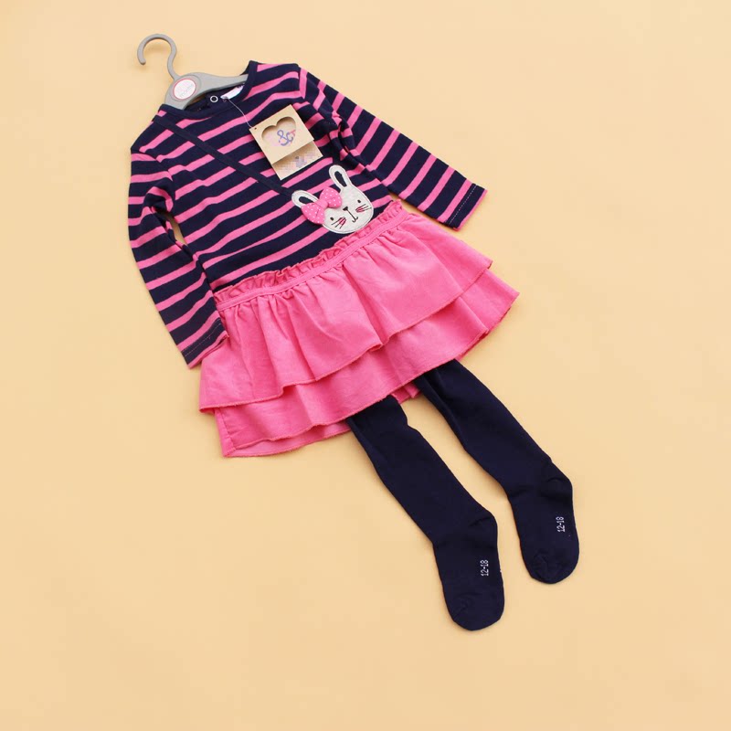 出口女婴条纹针织棉连衣裙打底裤连裤袜婴儿女童宝宝长袖裙子套装