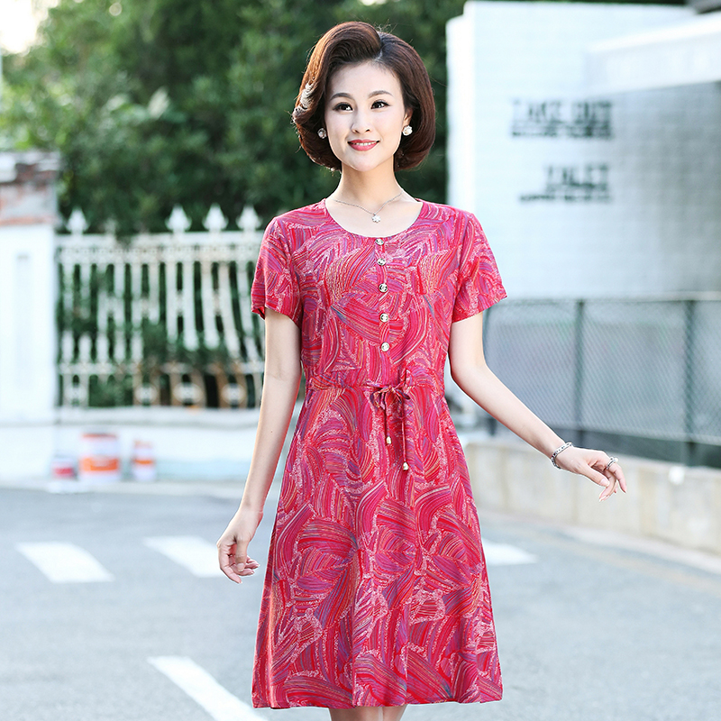 中老年女装夏季大码妈妈棉绸连衣裙四十岁女人中年绵绸连衣裙夏装