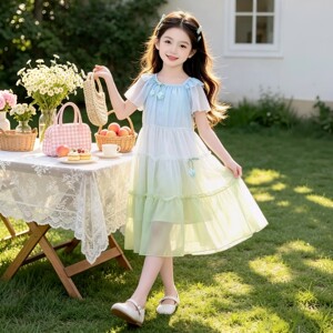 女童裙子夏款2026新款洋气女孩夏季收腰显瘦拼色公主裙儿童连衣裙