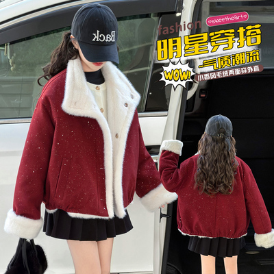 女童加绒外套秋冬加厚毛毛衣2025新款儿童中大童洋气两面穿外穿潮