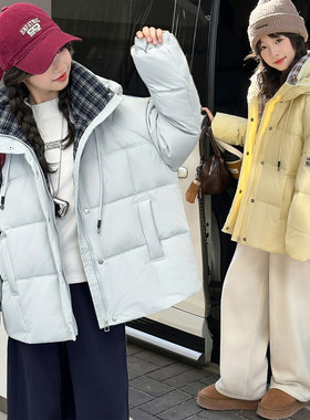 女童冬装韩版拼格子连帽新款棉衣2025冬季洋气女大童加厚保暖棉服