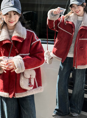 女童红色皮毛一体外套秋冬2026新款儿童加绒加厚女大童本命年衣服