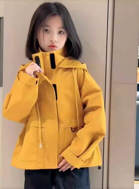 玫瑰的故事刘亦菲抗风冲锋衣加绒内胆春秋外套女童户外黄色登山服