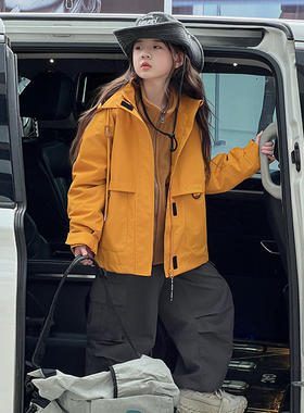 玫瑰刘亦菲抗风防水冲锋衣加绒加厚外套女童高级感户外黄色登山服
