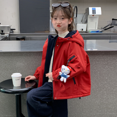 女童外套秋冬2025新款洋气儿童冲锋衣冬装加绒加厚大童双面穿红色