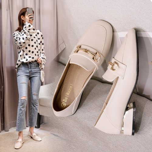 单鞋女中跟方头粗跟小皮鞋乐福鞋