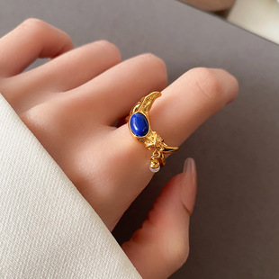 正品青金石戒指开口可调节设计感食指戒法式复古宫廷风指环女