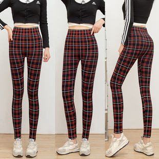 正品新品秋冬复古红黑格子九分裤女百搭显瘦打底裤外穿高弹紧身裤