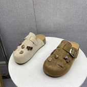 饰扣女勃肯拖鞋 2026春夏款 外穿休闲装 女厚底包头半拖鞋 绒面勃肯鞋