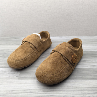 牛皮2026休闲风反绒皮勃肯鞋女圆头魔术贴平底舒适百搭单鞋