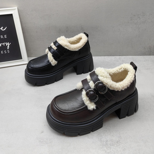 2025秋冬款英伦风加绒乐福鞋女厚底粗跟增高保暖女棉鞋小皮鞋