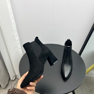 实拍2025秋冬款真皮牛皮尖头加绒保暖粗中跟短靴女时装靴切西尔靴