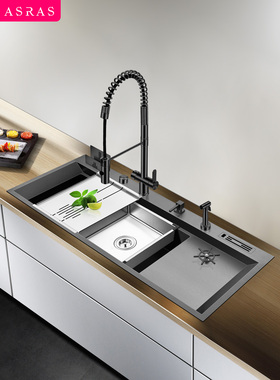 阿萨斯厨房黑色纳米不锈钢大号水槽超大单槽洗菜盆带刀架洗杯器