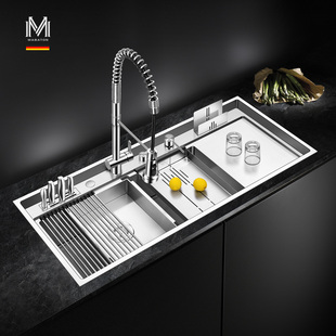 曼巴顿厨房不锈钢大号水槽超大单槽多功能洗菜池盘中盘双槽带刀架