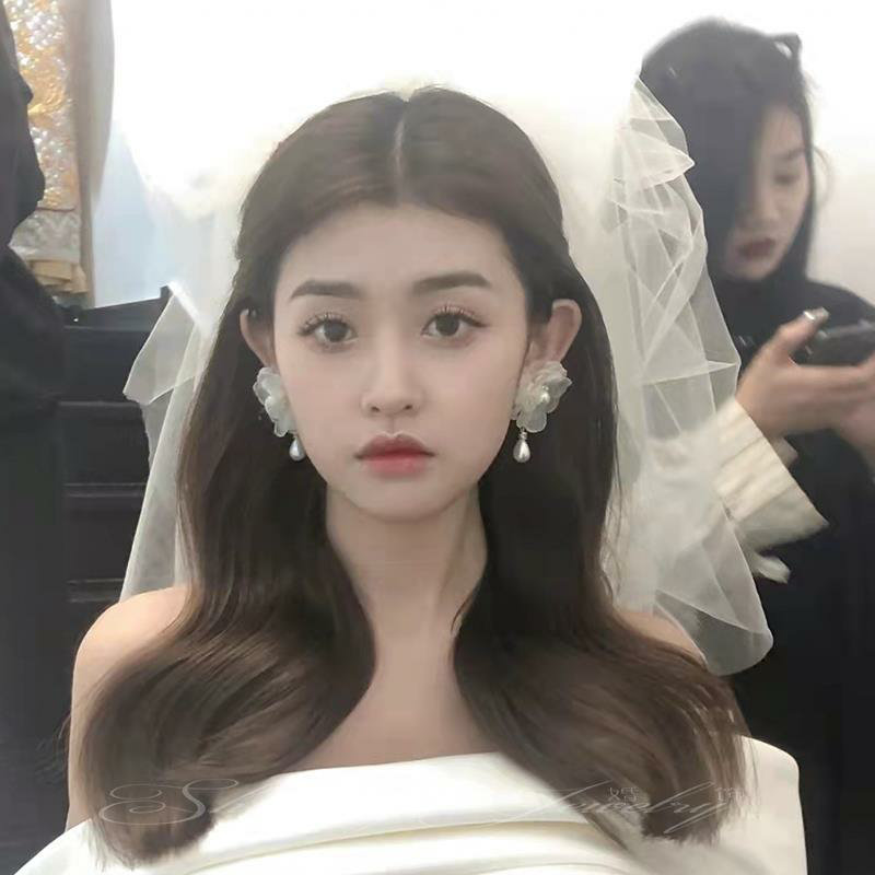 银针欧根纱白色花朵耳环韩版镶钻