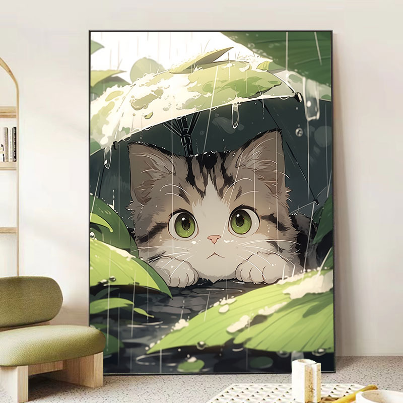 躲雨小猫数字油画手绘画画填色diy手工填充丙烯颜料治愈系装饰画图片