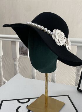秋冬拍照摄影法式复古赫本帽女花朵珍珠大边大檐毛呢帽子新娘礼帽