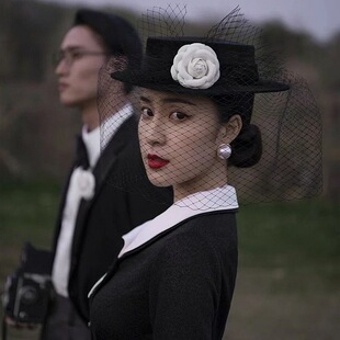 复古赫本风黑色网纱山茶花礼帽法式 名媛风优雅气质平顶帽洋气礼帽