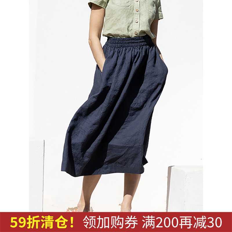 苎麻宽松直筒裙半身裙女春夏橡筋腰显瘦百搭中长款棉麻a字半裙子