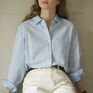 纯棉竖条纹长袖衬衫女上衣25秋冬叠穿内搭高级感休闲白色衬衣女