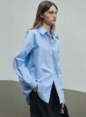 蓝色长袖衬衫外套女宽松BF风白衬衣女宽松2025春季中长款翻领上衣