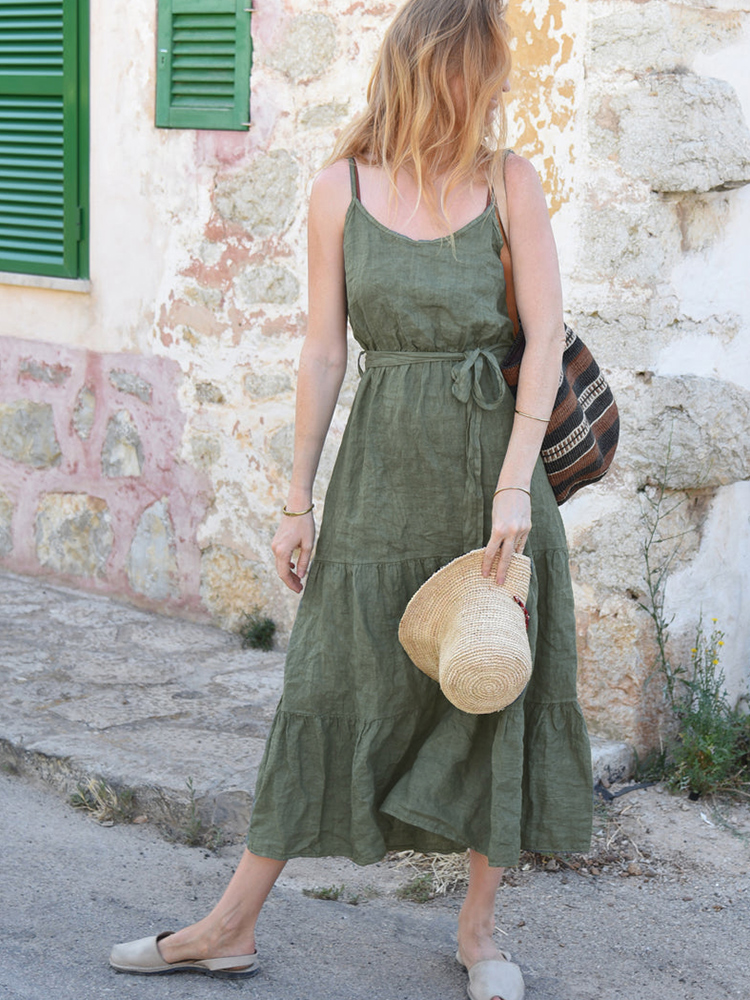 法式棉麻A字吊带裙系带蛋糕裙