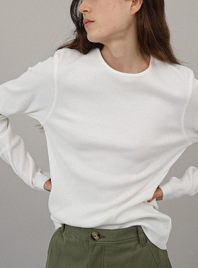 螺纹弹力圆领长袖T恤女白色内搭修身正肩打底衫小众体恤上衣棉冬