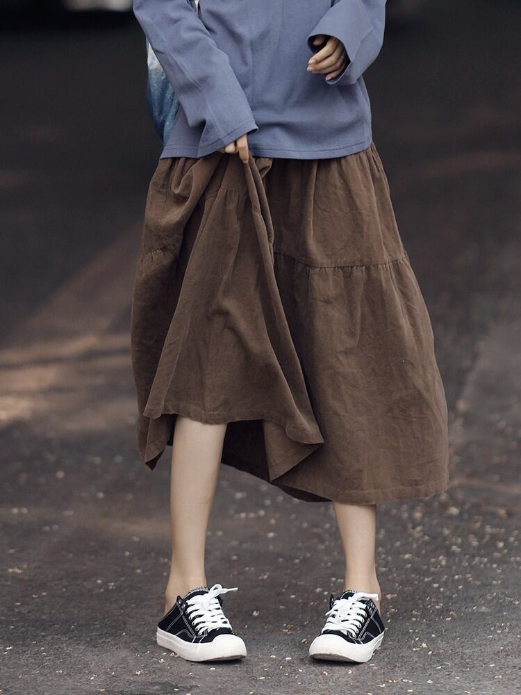 森系灯芯绒半身裙中长款复古伞裙