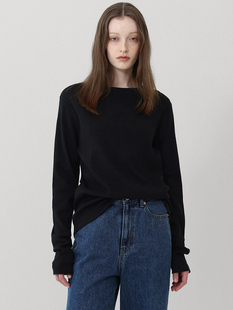 纸片人黑色长袖 弹力圆领正肩上衣 t恤显瘦女秋冬宽松内搭棉打底衫