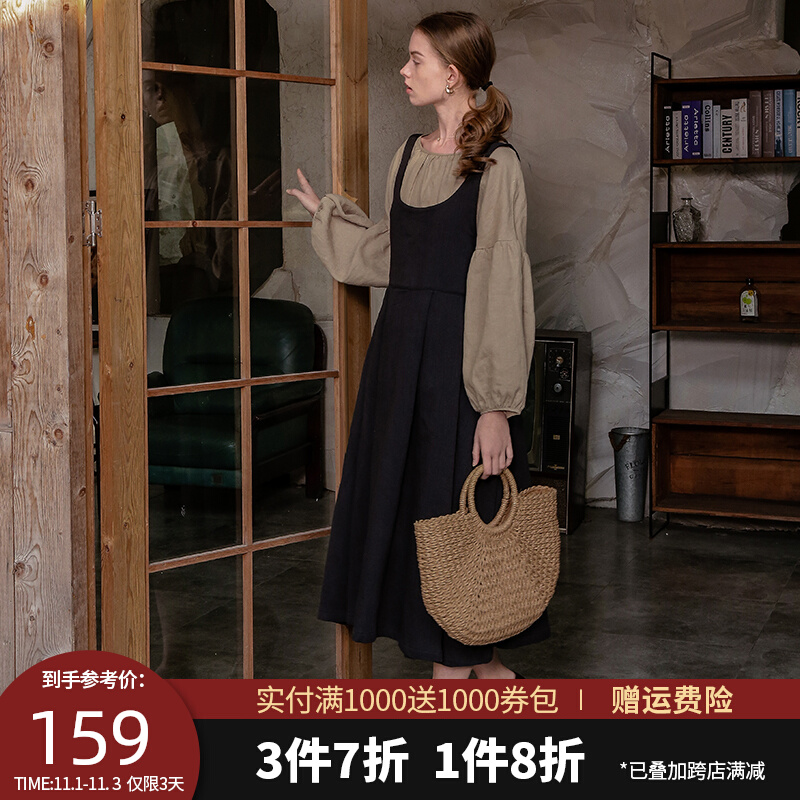 法式棉麻套装裙日系学院风减龄背带裙秋季宽松亚麻上衣A字连衣裙
