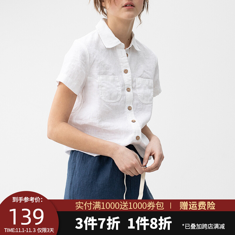 高级感棉麻短袖衬衫女夏季设计感小众亚麻上衣宽松显瘦苎麻衬衣