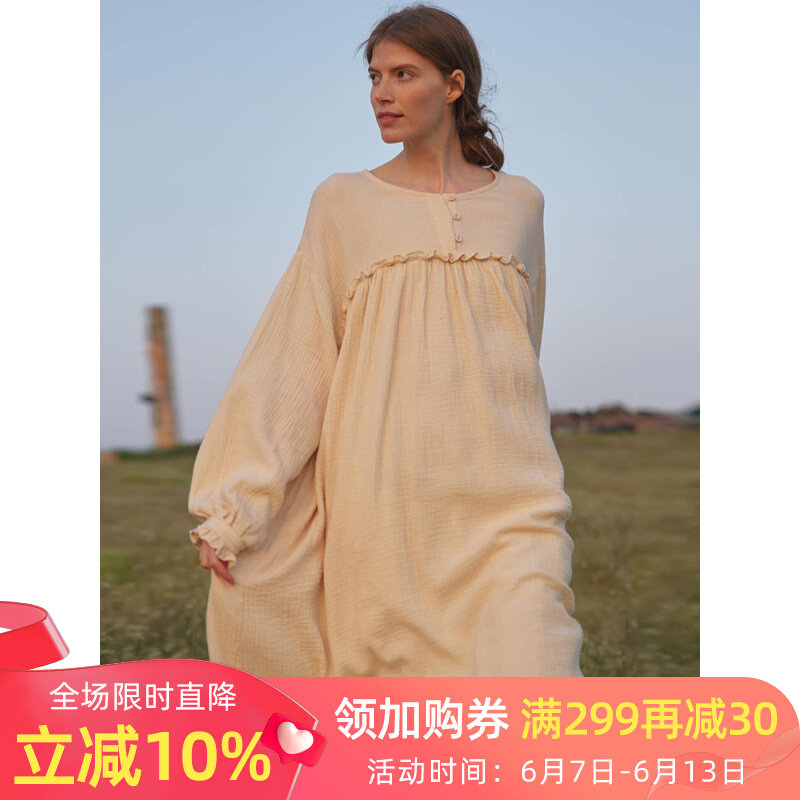 可外穿小众d睡裙纯棉纱布设计感孕妇宽松大码连衣裙木耳边拼接长
