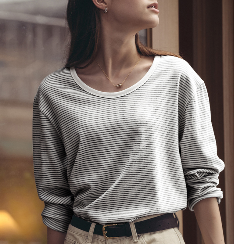 松弛感薄款棉质慵懒风长袖条纹