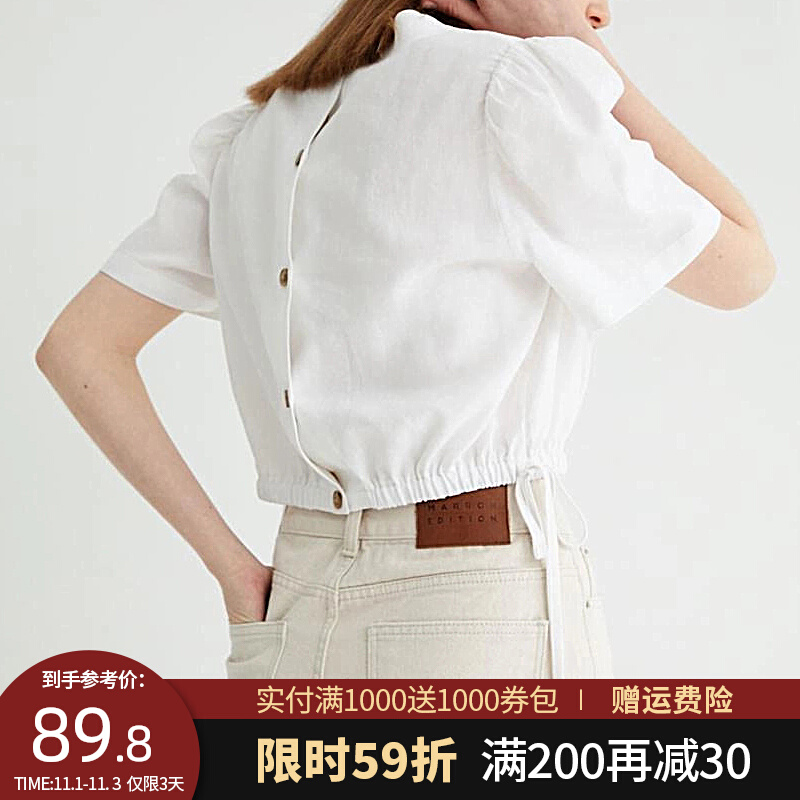 方领短款T恤女2023夏装新款宽松亚麻短袖衬衫设计感棉麻收腰上衣
