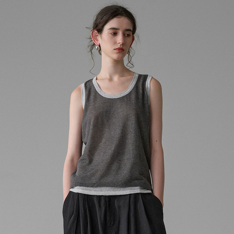 天丝亚麻背心女宽松无袖打底针织上衣内搭夏季撞色假两件麻料吊带