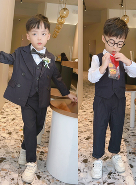 男童黑色条纹小西装儿童礼服马甲三件套2022新款英伦花童西服套装