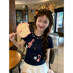 美式复古音符星星彩色纽扣短袖t恤女夏季设计感修身百搭别致上衣
