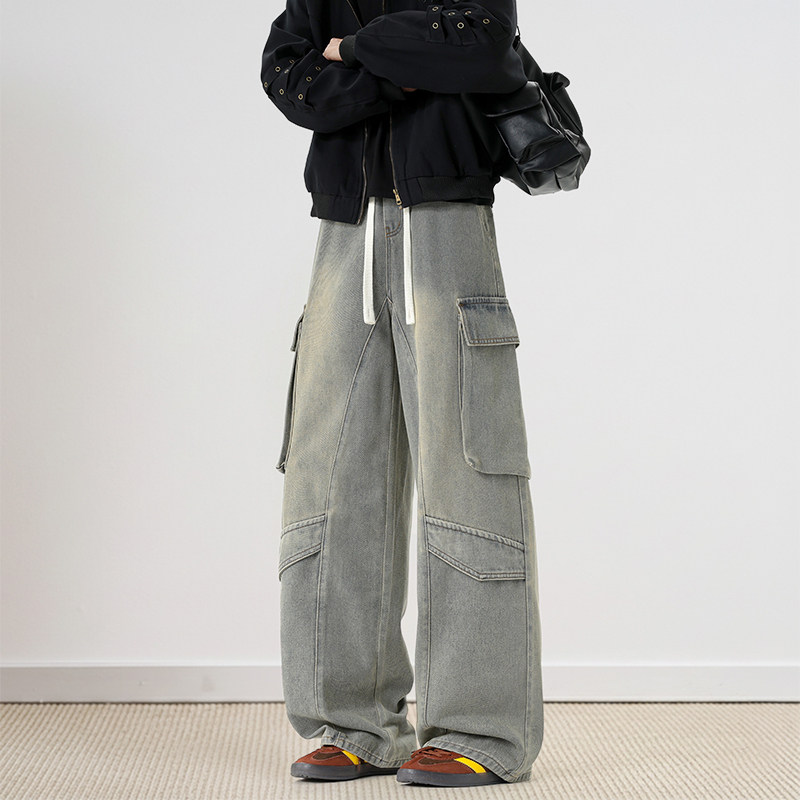 美式复古多口袋工装牛仔裤男春秋百搭水洗做旧宽松垂感长裤男裤潮,男装,牛仔裤,淘宝优惠券,粉丝福利购,淘宝优惠卷