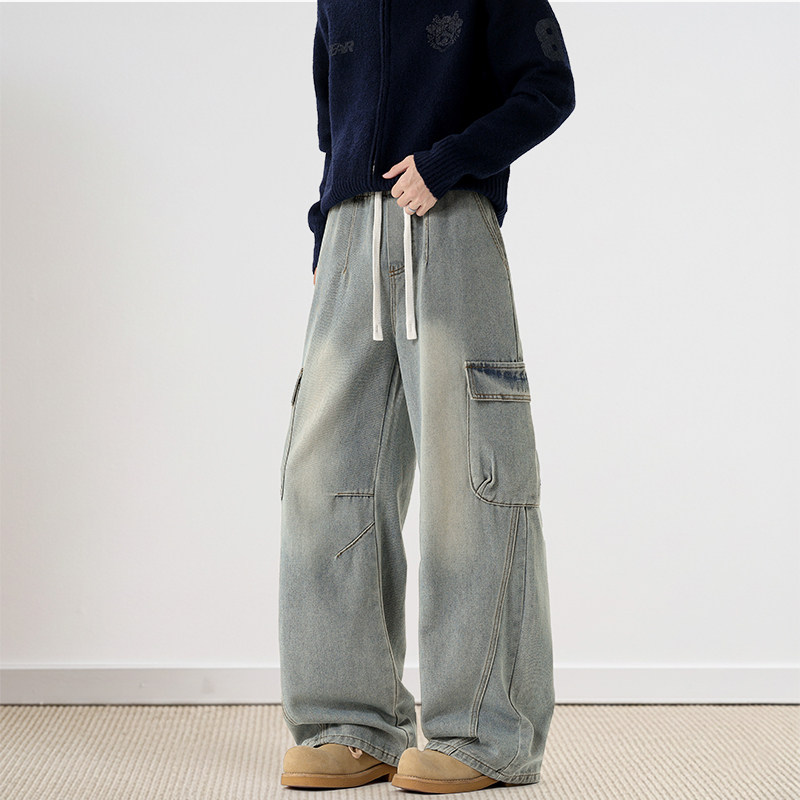 美式高街褶皱拼接水洗工装多口袋牛仔裤男春秋抽绳直筒复古长裤男,男装,牛仔裤,淘宝优惠券,粉丝福利购,淘宝优惠卷
